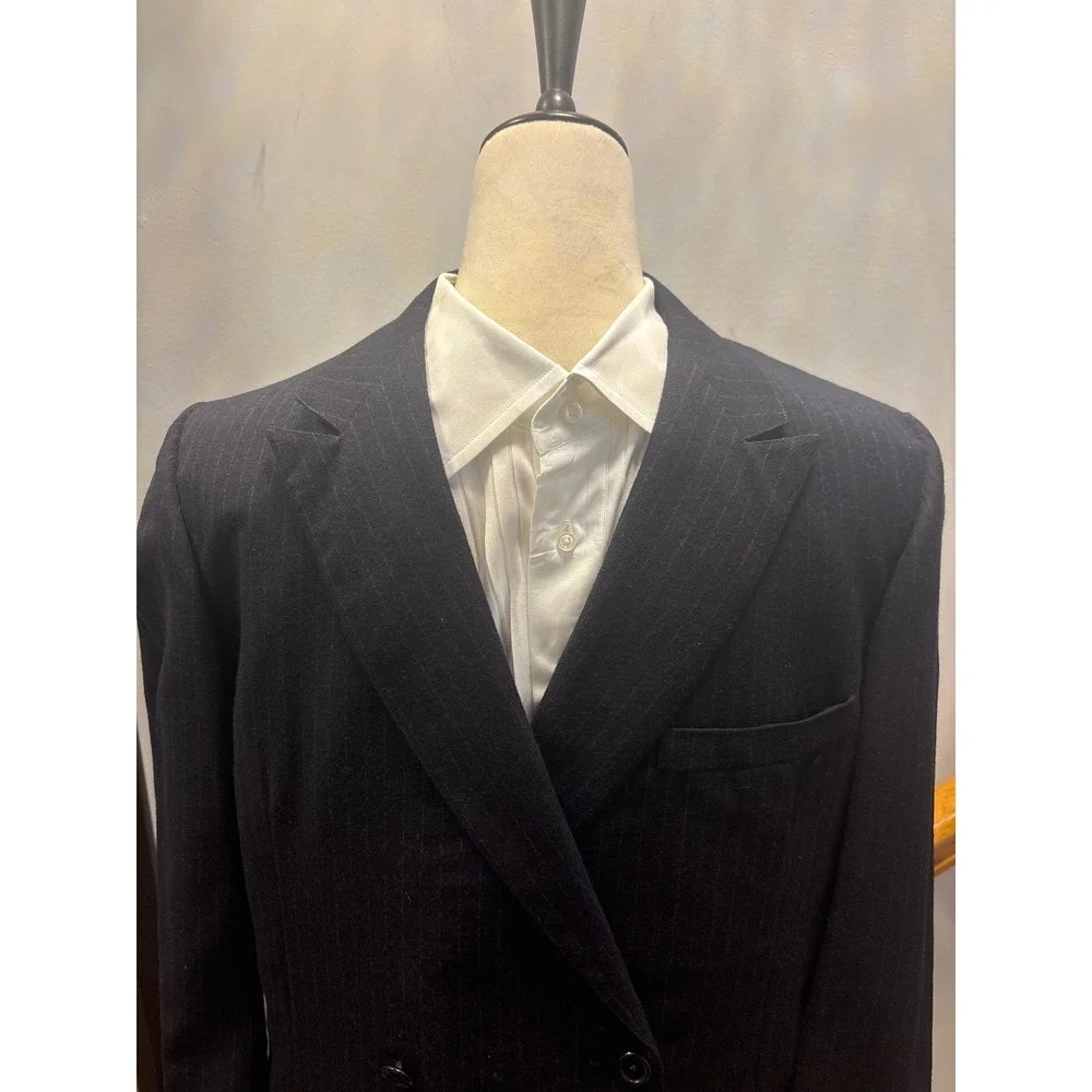 The Rhodes Pinstripe Suit Mens Navy Blue Double Breasted‎ Peak Lapel Sz 38.5R